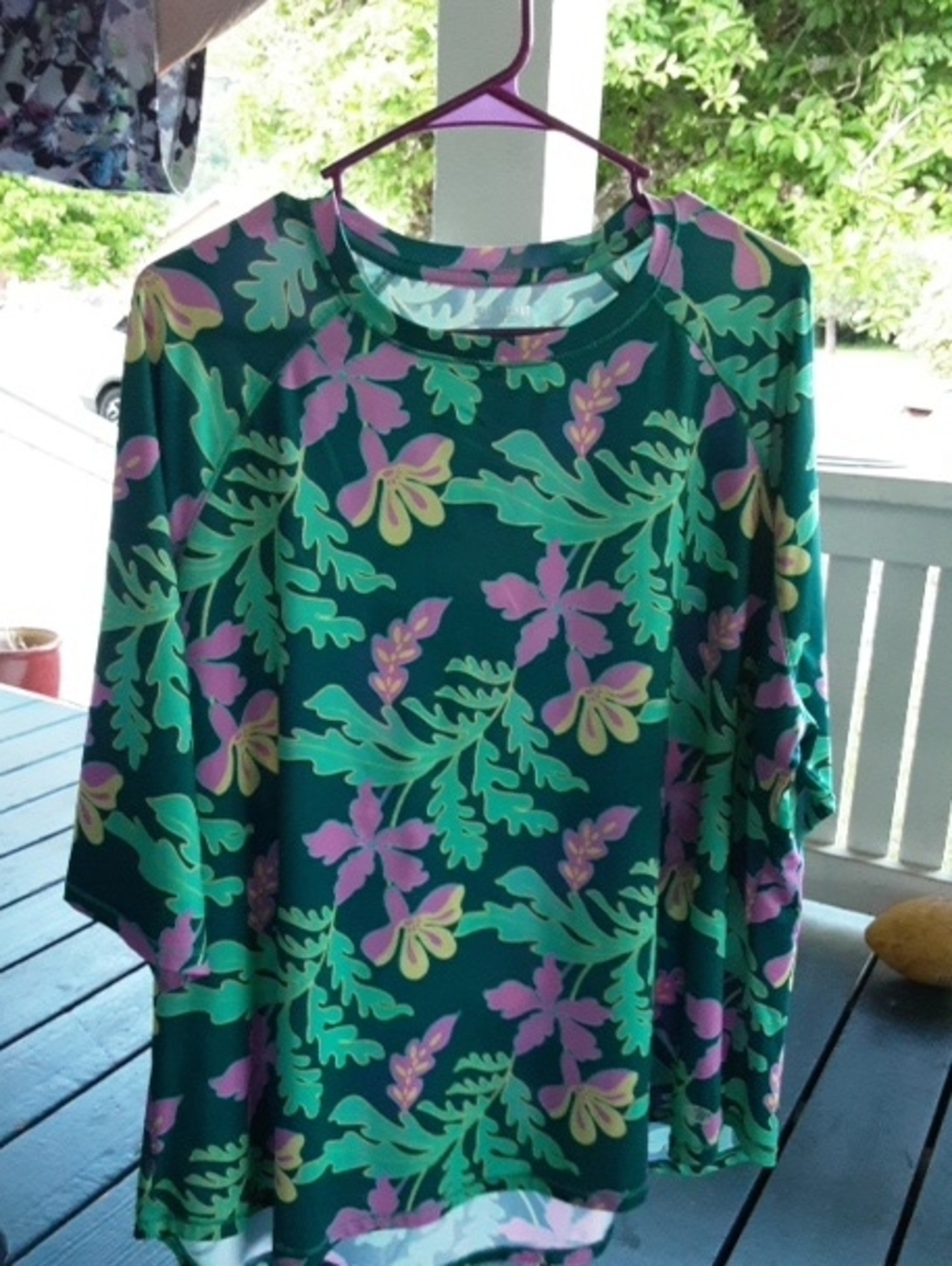 Reel Legends Teal Floral Short Sleeve Top with Pink and Yellow Accents